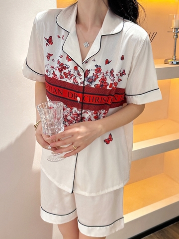 Đồ ngủ Pijama lụa xước hàng hiệu dáng ngắn Trắng viền đen DN401240