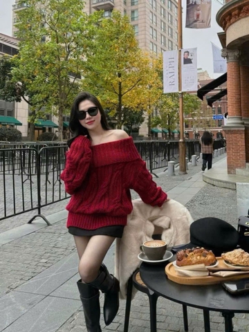 Áo Len lông thỏ thừng trễ vai tay dài màu đỏ Hottrend QC TD107240