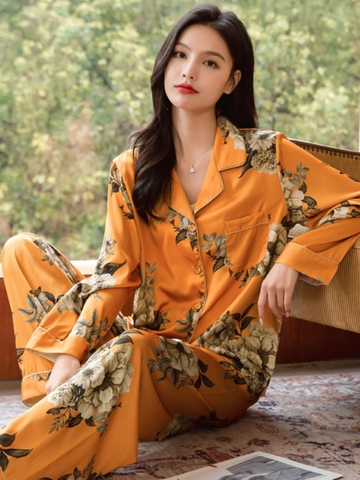 Đồ ngủ Pijama lụa băng cao cấp màu cam họa tiết hoa DN429240
