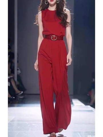 Jumpsuit Lụa ngọc trai cộc tay dáng suông màu đỏ kèm belt phong cách Trung Hoa D271240