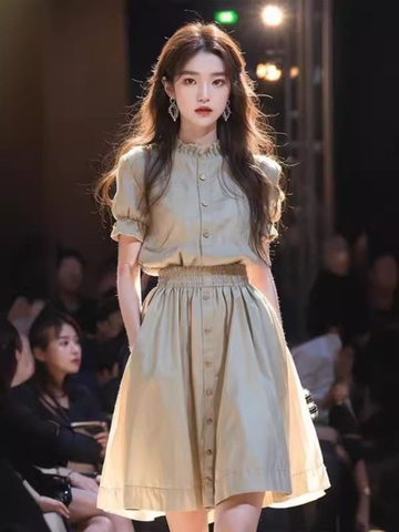 Đầm ghi áo cổ nhún chân váy ngắn phong cách hiện đại xu hướng bán chạy xuân hè mới D285240