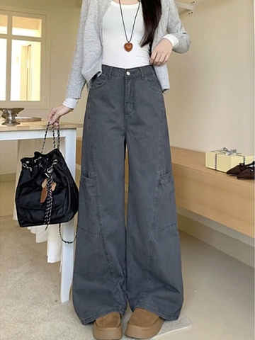 Quần jeans ống rộng cạp cao đi làm mùa xuân thu, thiết kế mới, màu xám thanh lịch, viền tinh tế QJ072250