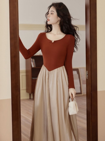 Đầm len dệt kim cổ thuyền phong cách cổ điển kiểu Pháp D668240