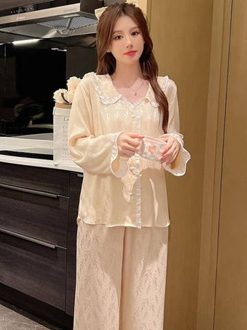 Bộ đồ ngủ phong cách mới tay dài quần dài lụa băng vải jacquard cao cấp XINY DN113250