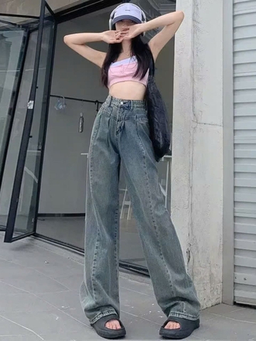 Quần jeans nữ cạp cao mùa xuân hè, quần denim ống rộng, ống đứng, rộng rãi, thời trang và thoải mái QJ099250