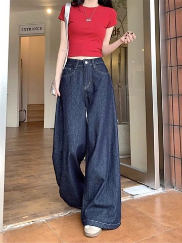 Quần jeans ống rộng cạp cao màu Xanh đậm ống rộng Quảng Châu QJ052250