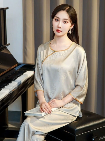 Bộ đồ ngủ lụa băng phong cách Trung Hoa màu vàng mỏng, jacquard cao cấp, kiểu dáng retro DN118250