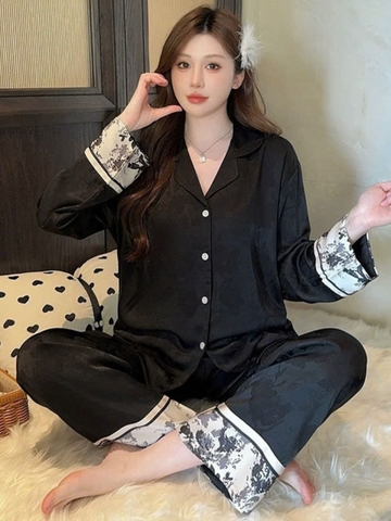 Bộ đồ ngủ lụa băng phong cách mùa xuân mới , quần dài, tay áo cardigan jacquard cao cấp DN125250