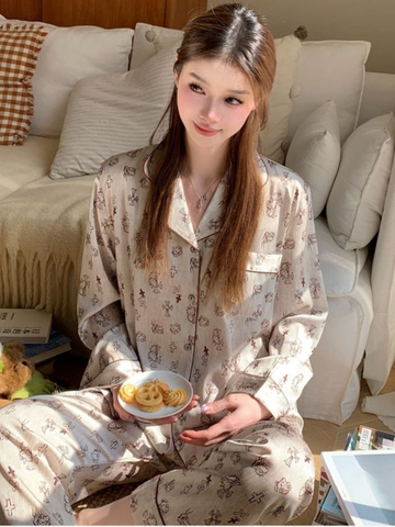 Bộ Đồ Ngủ Lụa Băng Mới Họa Tiết Hoạt Hình, Quần Áo Mặc Nhà Dài Tay, Lụa Cao Cấp DN161250