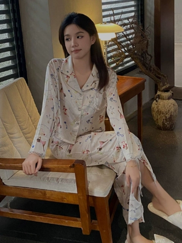 Bộ Đồ Ngủ Lụa Băng Mới Cho Nữ Phong Cách Xuân Hè Cao Cấp, Dài Tay Ren DN163250