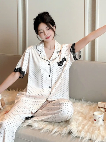 Bộ đồ ngủ ren chấm bi nữ cao cấp, ba mảnh, tay ngắn, quần dài thoải mái DN168250