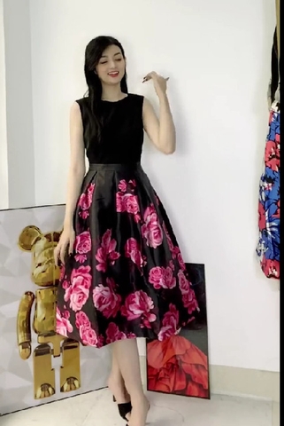 Đầm hoa tafta chân váy xoè dáng A Xiny D193230