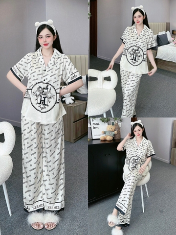 Đồ ngủ Pijama hàng hiệu form dài lụa cao cấp hottrent Trắng họa tiết HM DN139240