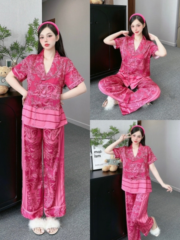 Đồ ngủ Pijama hàng hiệu form dài lụa cao cấp hottrent Hồng họa tiết Thủy Mặc DN138240