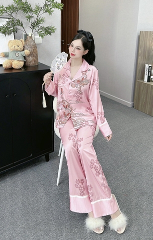 Đồ ngủ Pijama hàng hiệu form dài lụa cao cấp hottrent Họa tiết Trung Hoa DN109240