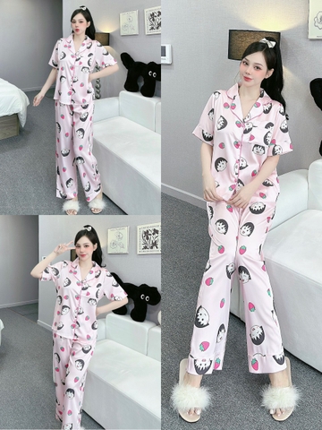 Đồ ngủ Pijama hàng hiệu form dài lụa cao cấp hottrent Hồng họa tiết dể thương DN104240