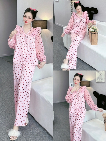 Đồ ngủ Pijama form dài lụa cao cấp hottrent Hồng trái tim DN102240