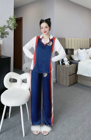 Đồ ngủ Pijama hàng hiệu form dài lụa cao cấp hottrent Trắng phối xanh kẻ đỏ DN107240