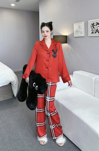 Đồ ngủ Pijama hàng hiệu form dài lụa cao cấp hottrent Đỏ phối sọc trắng DN108240
