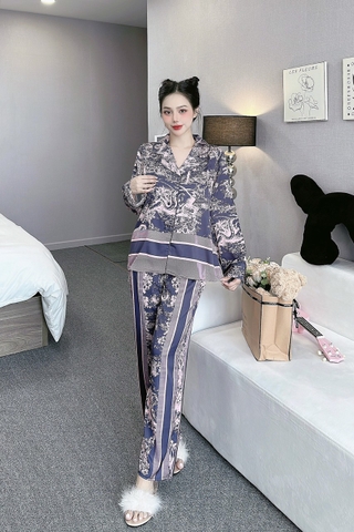 Đồ ngủ Pijama hàng hiệu form dài lụa cao cấp hottrent Xanh phối hồng họa tiết trung hoa DN110240