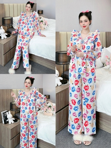 Đồ ngủ Pijama hàng hiệu form dài lụa cao cấp hottrent Bánh bèo họa tiết hoa DN112240