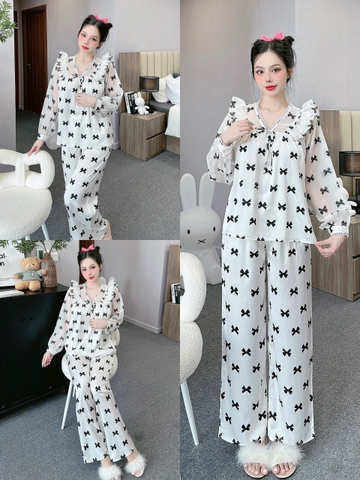 Đồ ngủ Pijama hàng hiệu form dài lụa cao cấp hottrent Trắng họa tiết nơ đen DN114240