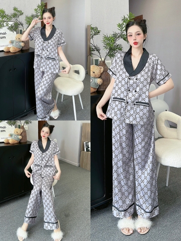 Đồ ngủ Pijama hàng hiệu form dài lụa cao cấp hottrent Ghi họa tiết GG DN124240