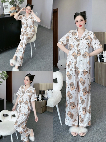 Đồ ngủ Pijama hàng hiệu form dài lụa cao cấp hottrent Trắng họa tiết Gấu Nâu DN128240