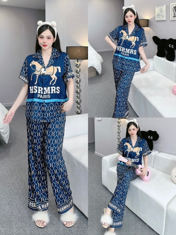 Đồ ngủ Pijama hàng hiệu form dài lụa cao cấp hottrent Xanh họa tiết chữ H DN131240