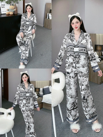 Đồ ngủ Pijama hàng hiệu form dài lụa cao cấp hottrent Trắng họa tiết Thủy Mạch DN135240