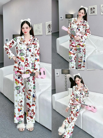 Đồ ngủ Pijama hàng hiệu form dài lụa cao cấp hottrent Trắng họa tiết hoạt hình DN141240