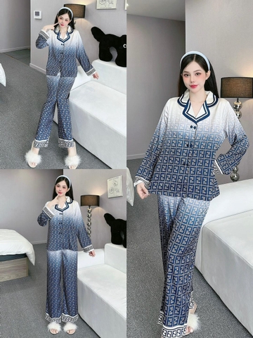 Đồ ngủ Pijama hàng hiệu form dài lụa cao cấp hottrent Loang xanh họa tiết ô vuông HM DN143240