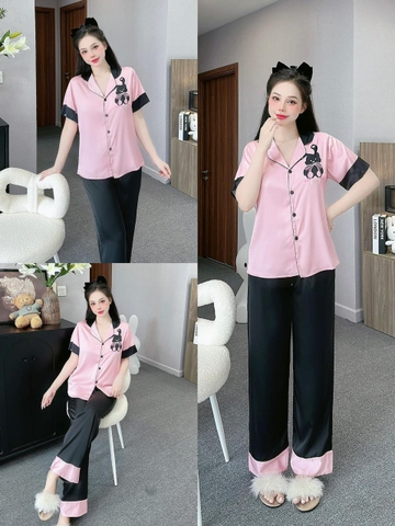 Đồ ngủ Pijama hàng hiệu form dài lụa cao cấp hottrent Hồng Gấu Đen DN144240