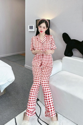 Đồ ngủ Pijama hàng hiệu form dài lụa cao cấp hottrent Karo đỏ trắng DN152240