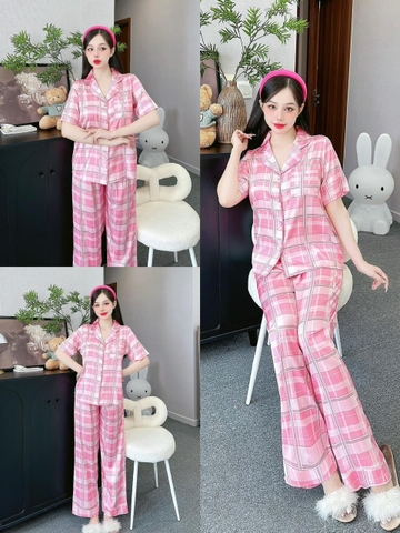 Đồ ngủ Pijama hàng hiệu form dài lụa cao cấp hottrent Karo hồng phối trắng DN151240