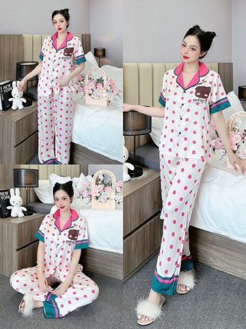 Đồ ngủ Pijama hàng hiệu form dài lụa cao cấp hottrent Trắng chấm bi hồng DN155240