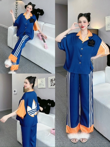 Đồ ngủ Pijama hàng hiệu form ngắn lụa cao cấp hottrent Xanh phối cam kẻ sọc DN158240