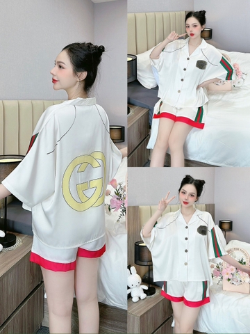 Đồ ngủ Pijama hàng hiệu form ngắn lụa cao cấp hottrent Trắng phối viền GC DN157240