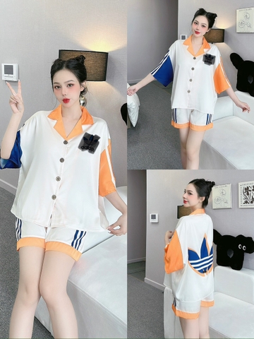 Đồ ngủ Pijama hàng hiệu form ngắn lụa cao cấp hottrent Trắng phối cam kẻ sọc DN159240