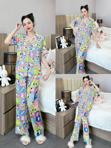 Đồ ngủ Pijama hàng hiệu form dài lụa cao cấp hottrent Ô vuông họa tiết chú chó DN176240