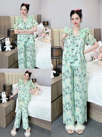 Đồ ngủ Pijama hàng hiệu form dài lụa cao cấp hottrent Xanh họa tiết lá đen DN168240