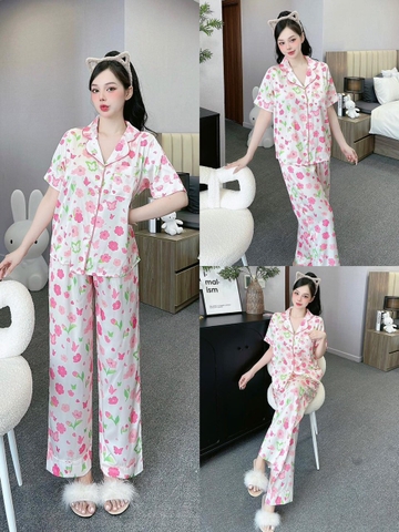 Đồ ngủ Pijama hàng hiệu form dài lụa cao cấp hottrent Trắng họa tiết bông hồng DN171240