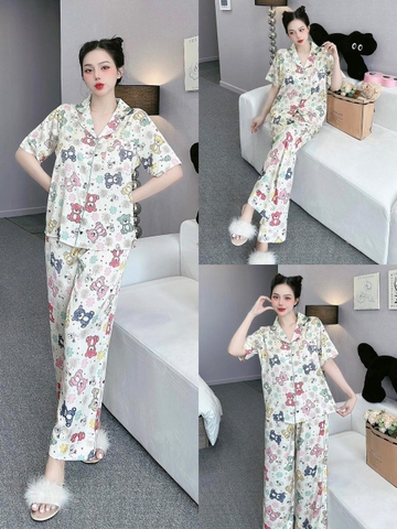 Đồ ngủ Pijama hàng hiệu form dài lụa cao cấp hottrent Họa tiết Gấu Xinh DN179240