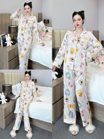 Đồ ngủ Pijama hàng hiệu form dài lụa cao cấp hottrent Họa tiết Gấu Poor DN181240