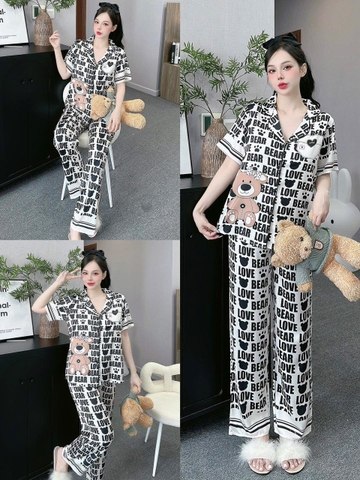 Đồ ngủ Pijama hàng hiệu form dài lụa cao cấp hottrent Trắng phối chữ Love Bear DN186240