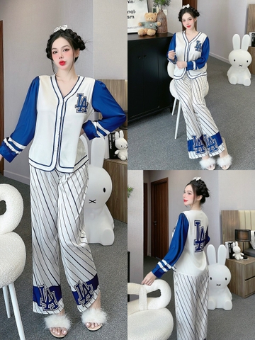 Đồ ngủ Pijama hàng hiệu form dài lụa cao cấp hottrent Trắng Phối Xanh LA DN190240