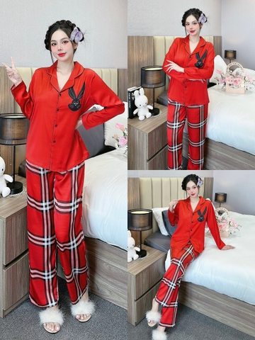 Đồ ngủ Pijama hàng hiệu form dài lụa cao cấp hottrent Đỏ phối viền Thỏ DN195240