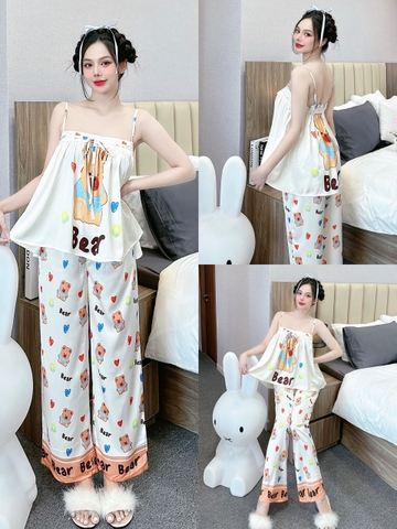 Đồ ngủ Pijama hai dây hàng hiệu lụa cao cấp hottrent Trắng họa tiết gấu bear DN211240