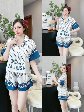 Đồ ngủ Pijama hàng hiệu form dài lụa cao cấp hottrent Trắng phối Xanh Họa tiết chấm bi DN213240