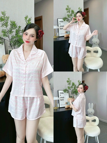 Đồ ngủ Pijama hàng hiệu form dài lụa cao cấp hottrent Trắng phối hồng Họa tiết Răng sói DN215240